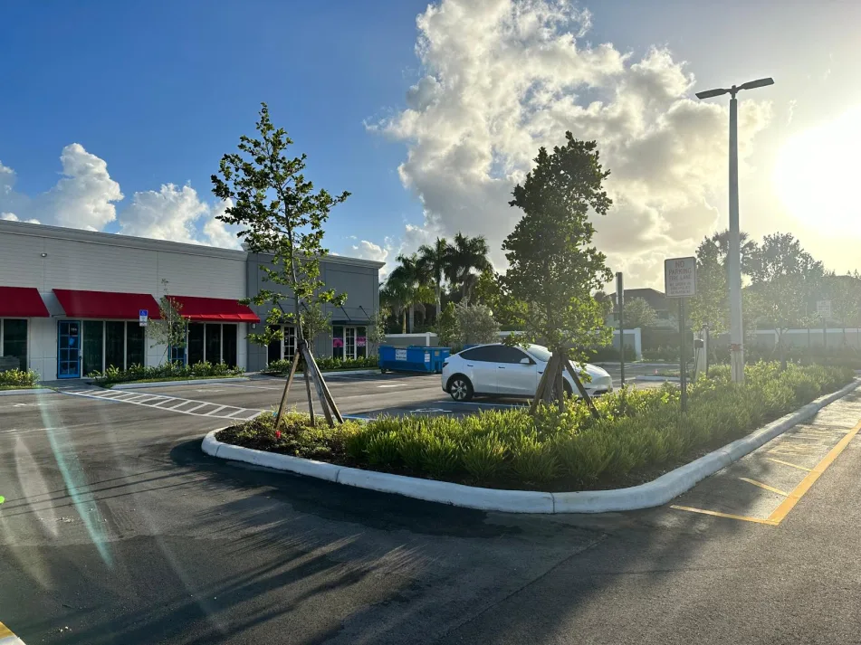 New multi-tenant retail center and parking lot under overcast sky