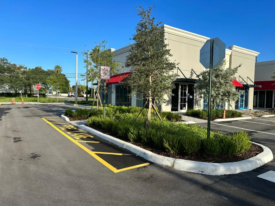 Retail building corner with landscaped island and striped drive lane in parking lot